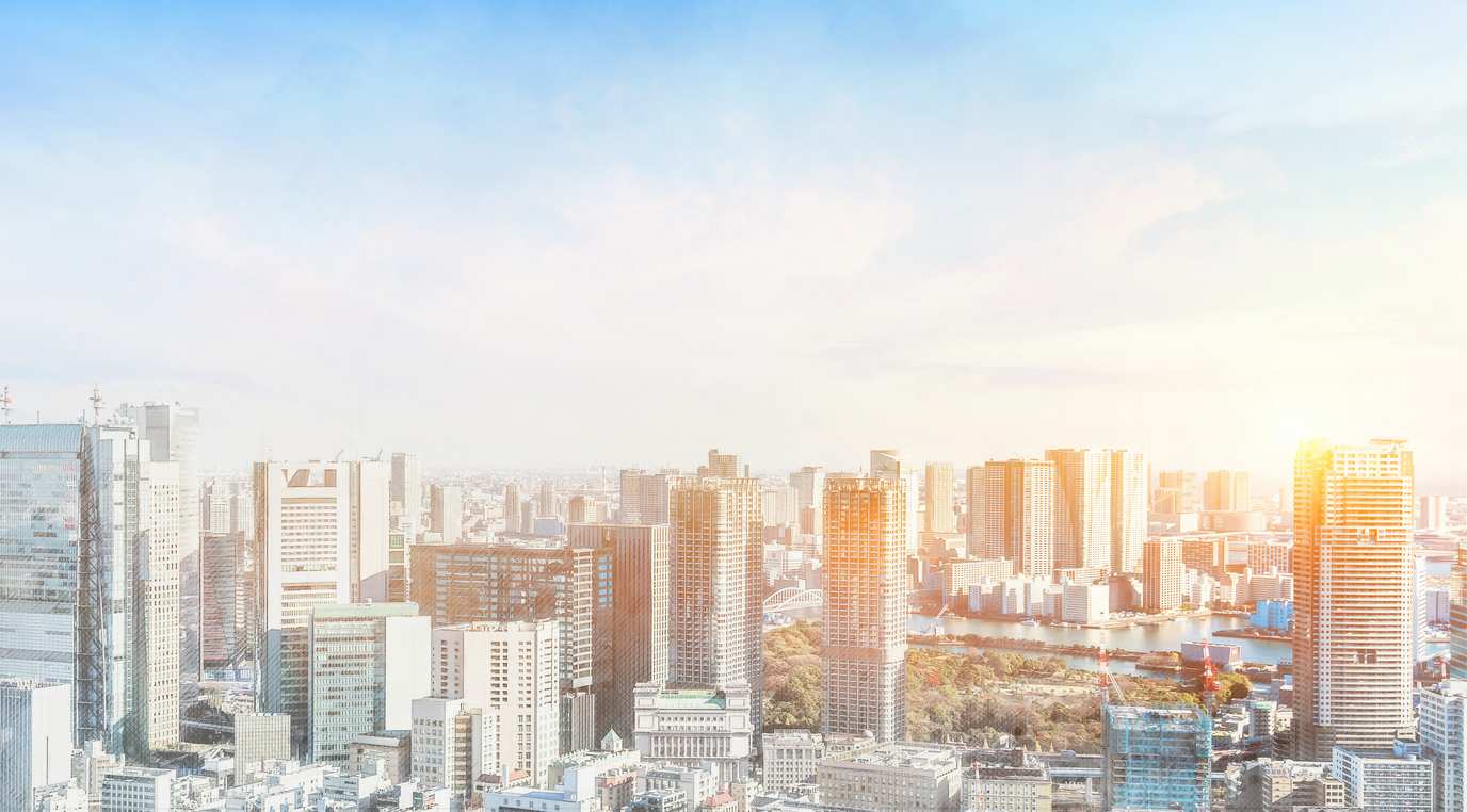panoramic modern city skyline bird eye aerial view in Tokyo, Japan. Mix hand drawn sketch illustration
