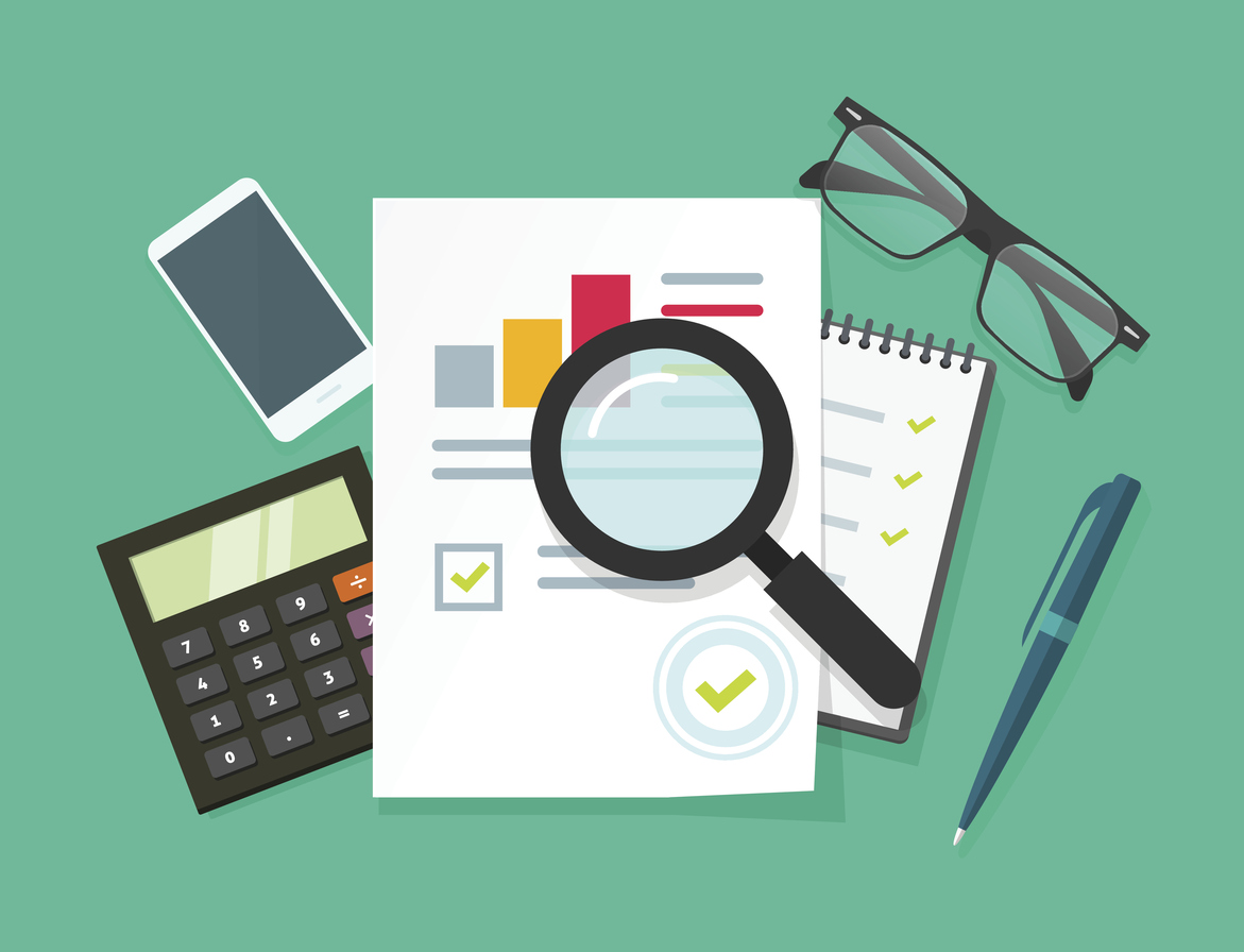 Auditor work desk, accounting business research, financial audit, tax report